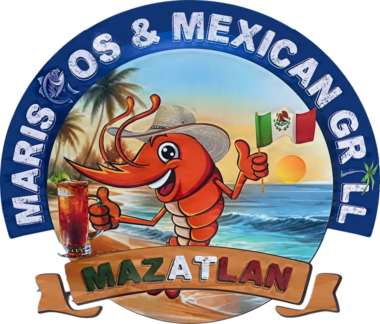 Insignia de Mariscos & Mexican Grill Mazatlan: un camarón caricatura con sombrero, michelada y bandera mexicana en una playa de Mazatlán